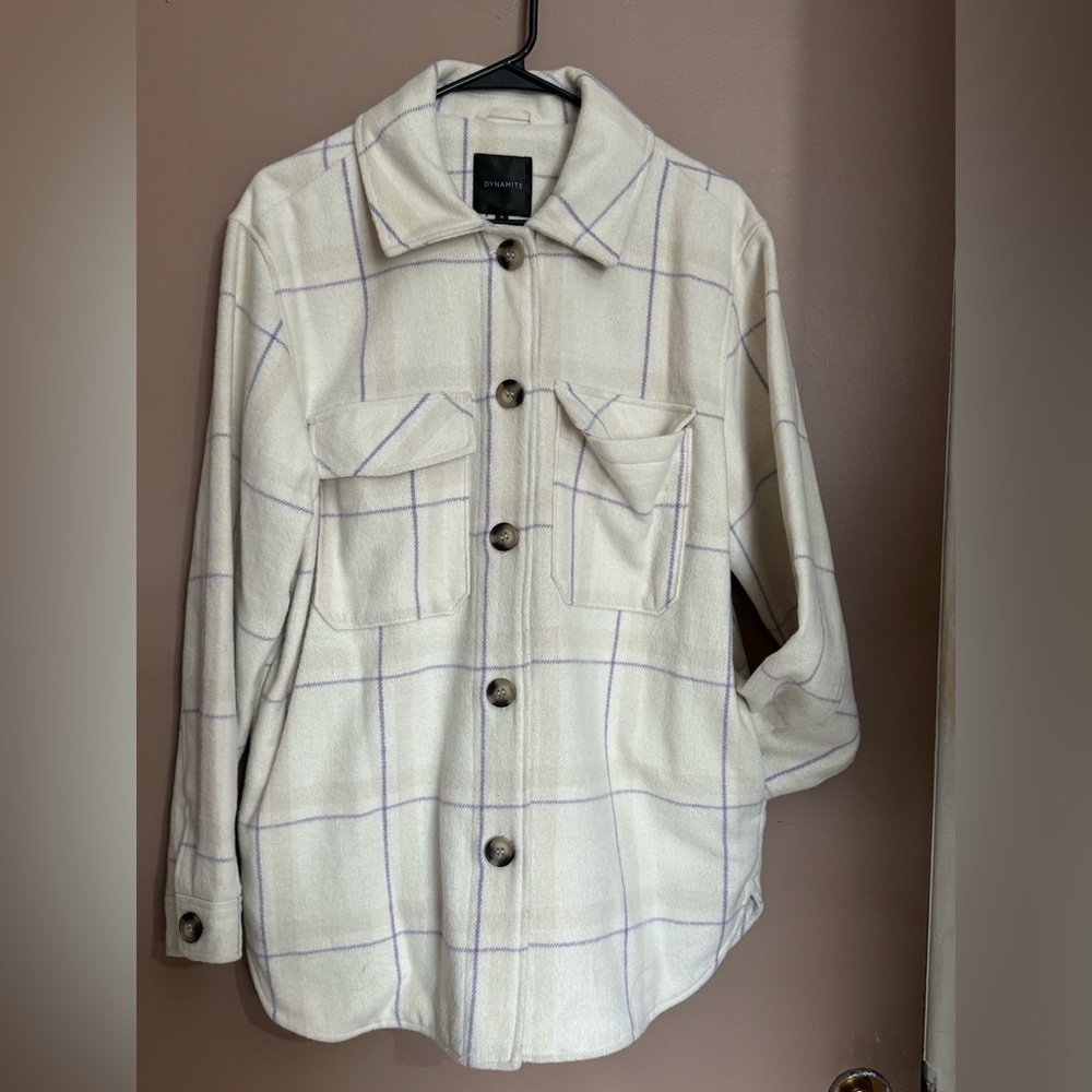 Dynamite Cream Windowpane Button-Up Utility Shacket with Lavender Grid